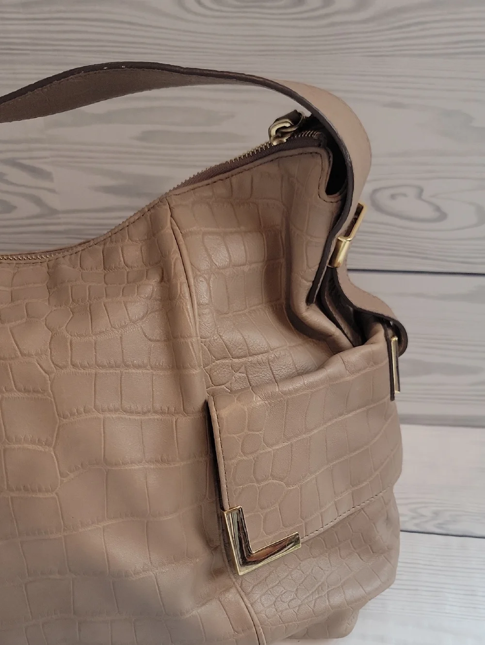 Michael Kors Beverly Croc Embossed Taupe Shoulder Bag Large Hobo